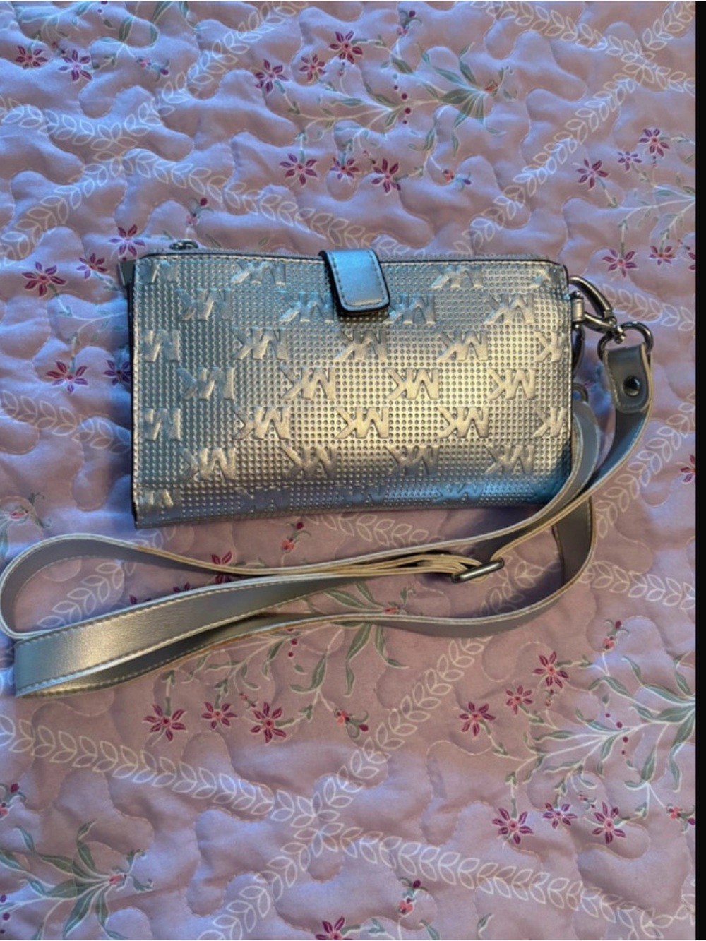 Metallic Silver MK Monogram Crossbody Wallet